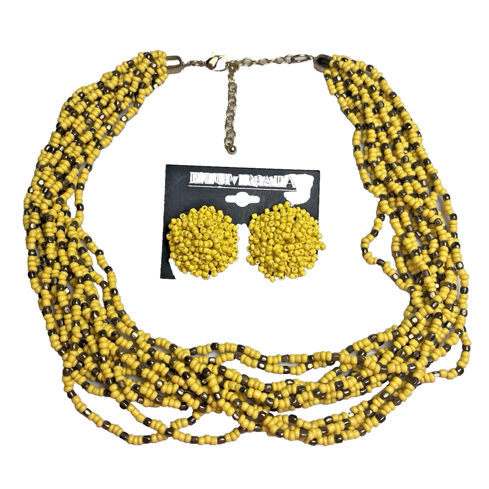 Yellow Seed Bead Necklace Earrings Set Multistrand Beaded Cluster 20-24"